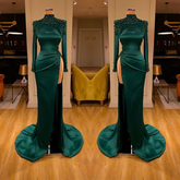 Sexy Long Dark Green High Neck Long Sleeves Beading Prom Dress With Slit